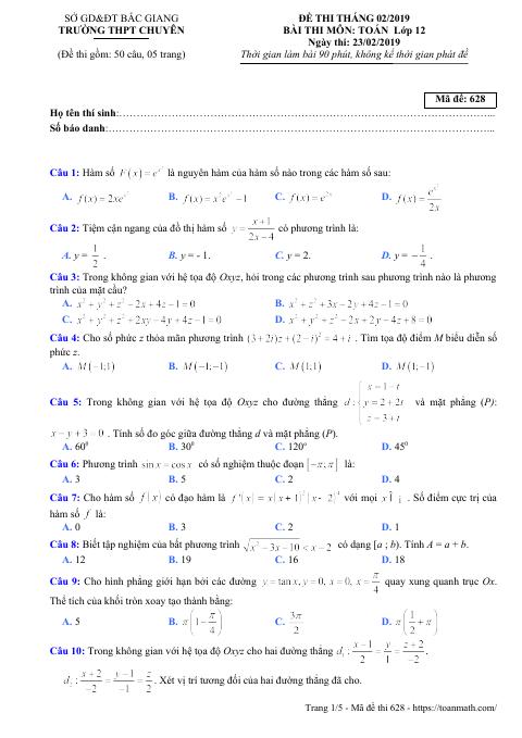 Đề thi tháng 2/2019 môn Toán 12 trường THPT chuyên Bắc Giang (bản Word)